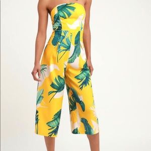 Rainforest Blooms Yellow Strapless Midi Jumpsuit